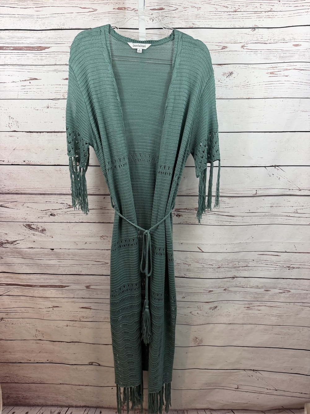 DAVI & DANI Sage Green Crochet Fringe Maxi Cardigan Size Medium